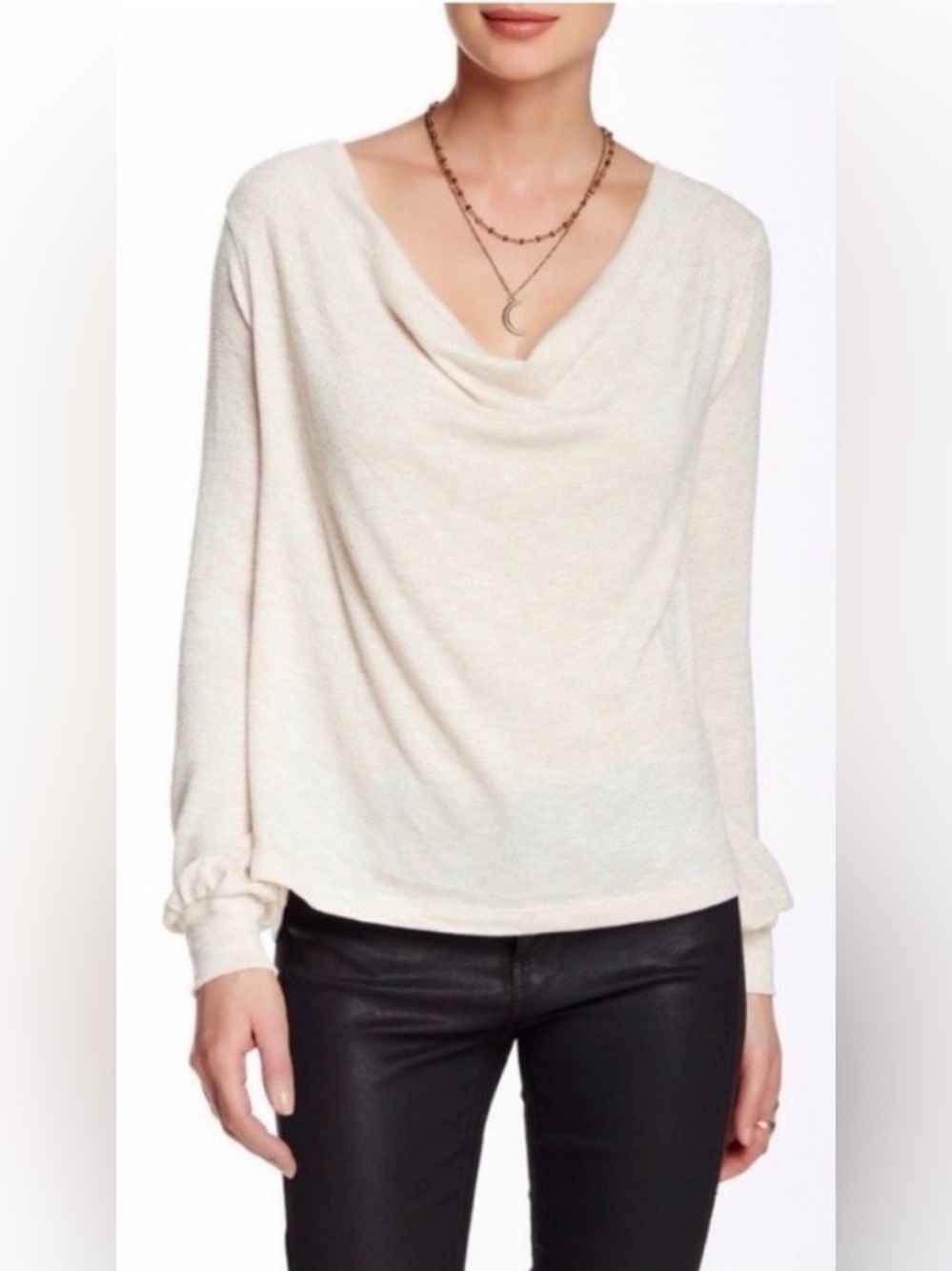 Free People Palmer Shimmer Striped Cowl Neck Knit Top Ivory Gold - Size Medium